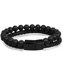 Troli Black men's bracelet leather and beads Leather