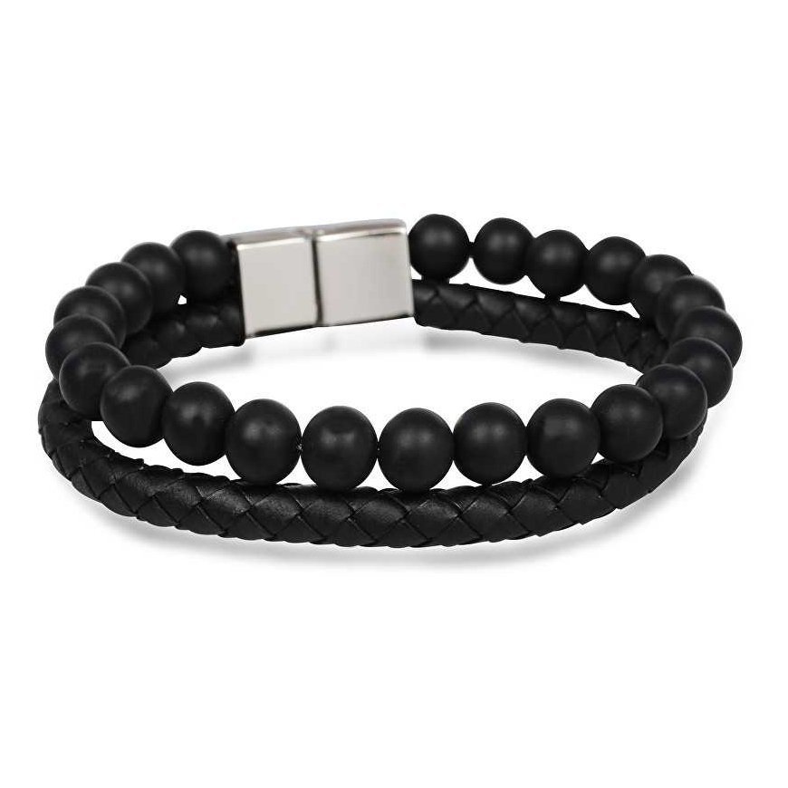Troli Black men's bracelet leather and beads Leather – 2
