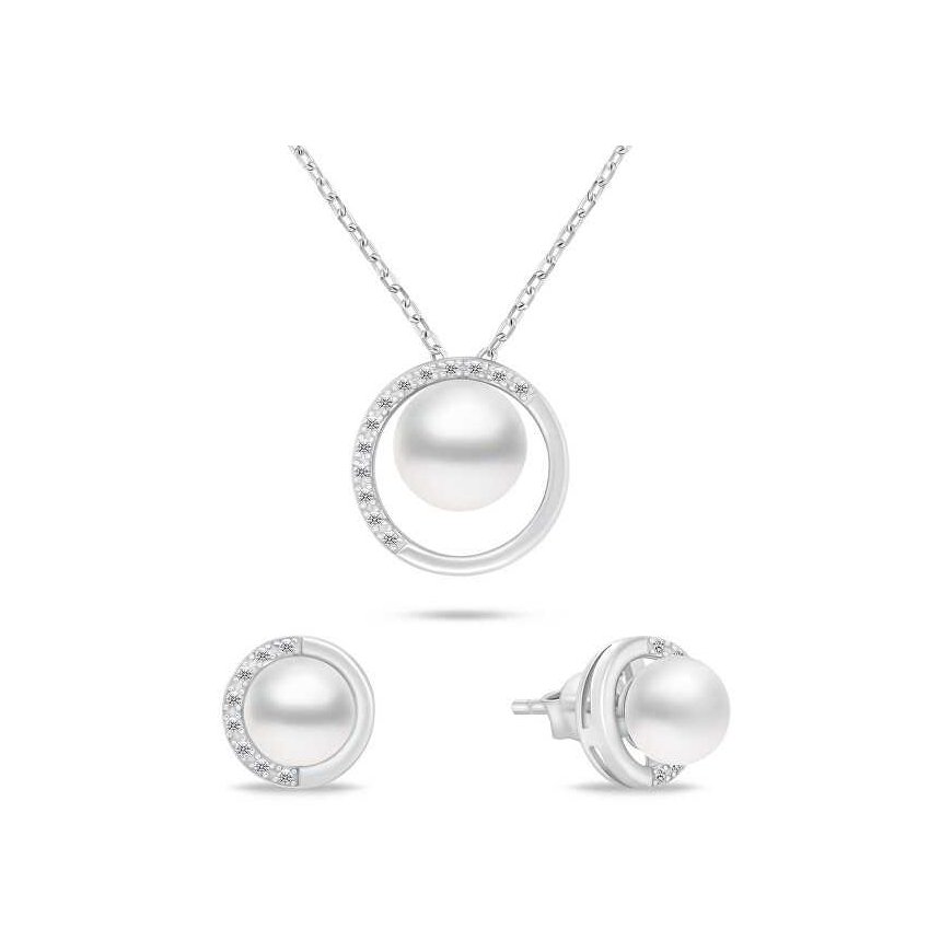 Brilio Silver Brilio Sidabrinis Elegant autentiškų perlų papuošalų rinkinys SET251W (auskarai, karoliai)
