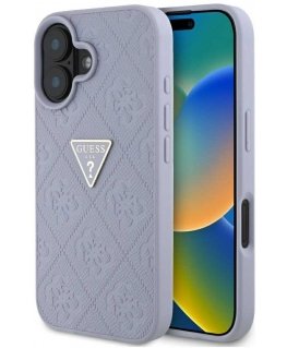 Dėklas Guess Hot Stamp 4G Pattern Triangle Metal Logo do iPhone 16 violetinė