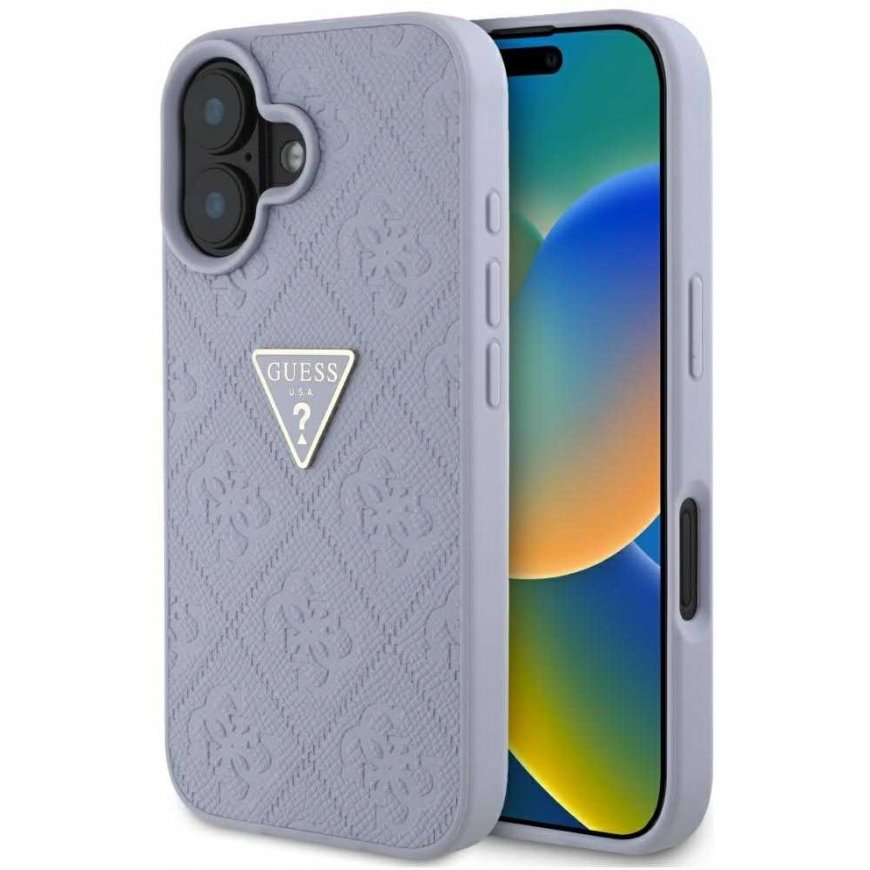 Case Guess Hot Stamp 4G Pattern Triangle Metal Logo for iPhone 16 purple