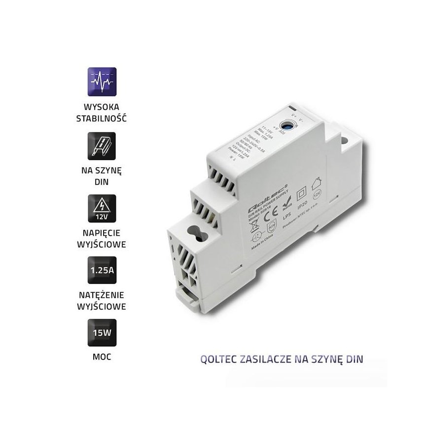 QOLTEC 50916 DIN bėgio maitinimo šaltinis 15W 12V 1.25A Pilka – 4