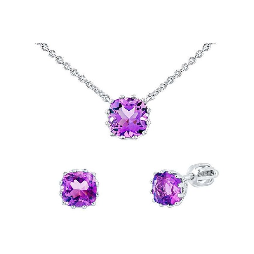 Silvego Silver jewelry set with amethyst MW10812A (earrings, pendant chain)