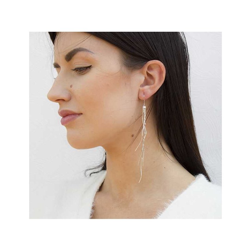 Beneto Long silver chain earrings with zircons AGUC2695 – 2