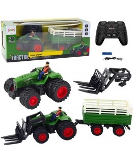 Lean Toys RC kauko-ohjattu maataloustraktori perävaunulla ja paripyörillä haarukoilla