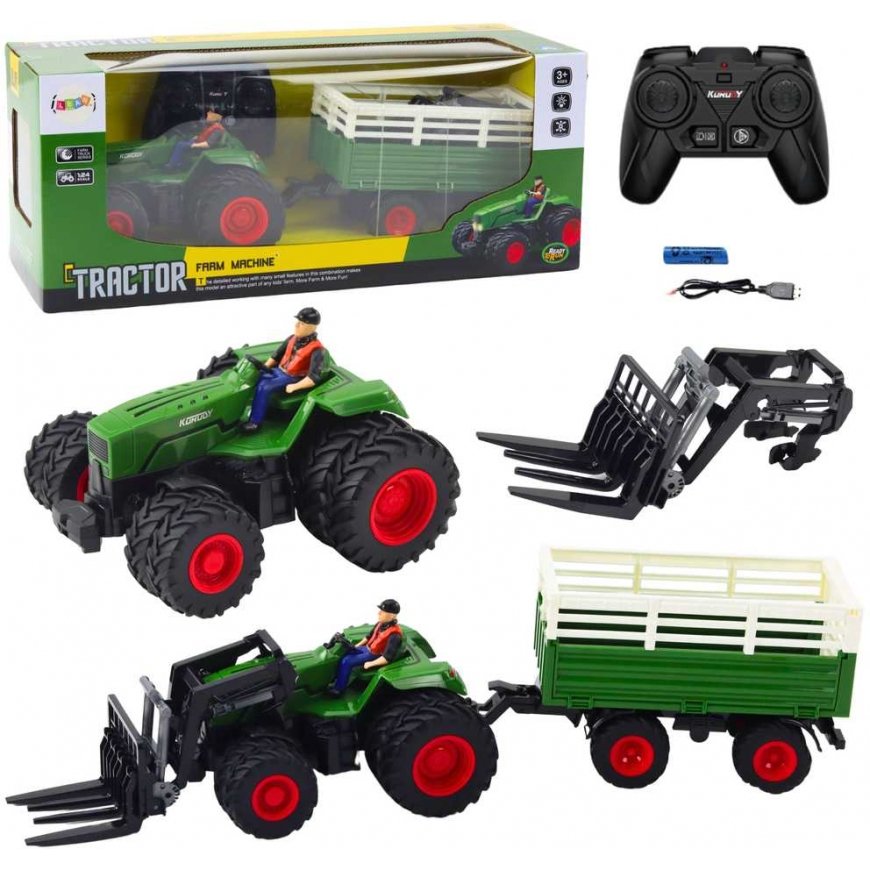 Lean Toys RC remote controlled agricultural tractor with trailer and forks with dual wheels