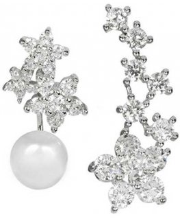 Jwl Luxury Pearls Asimetriški auskarai - dvigubi auskarai su tikru baltu perlu ir išilginiai auskarai su cirkoniais JL0260
