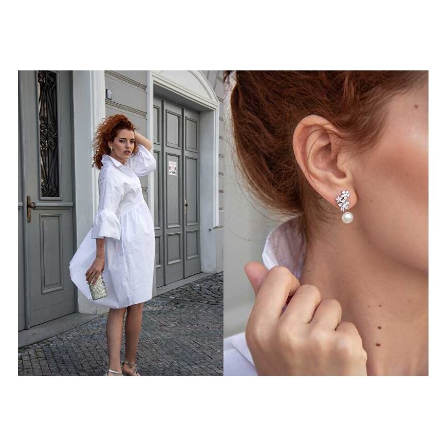 Jwl Luxury Pearls Asimetriški auskarai - dvigubi auskarai su tikru baltu perlu ir išilginiai auskarai su cirkoniais JL0260 – 4