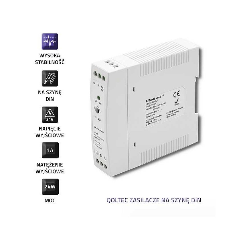 Qoltec DIN rail power supply | 24W | 24V | 1A | White | Slim – 3