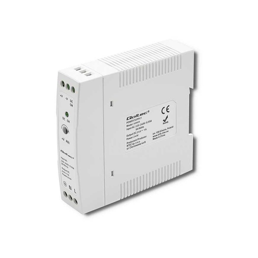 Qoltec DIN rail power supply | 24W | 24V | 1A | White | Slim – 5