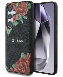 Guess Leather 4G Flowers Print Metal Classic Logo MagSafe Samsung Galaxy S25 phone case black