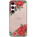 Guess Leather 4G Flowers Print Metal Classic Logo MagSafe Case Samsung Galaxy S25 Ultra Pink -puhelimelle