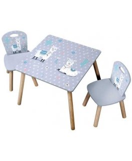 Children's table + 2 chairs, gray with llama patterns, KESPER