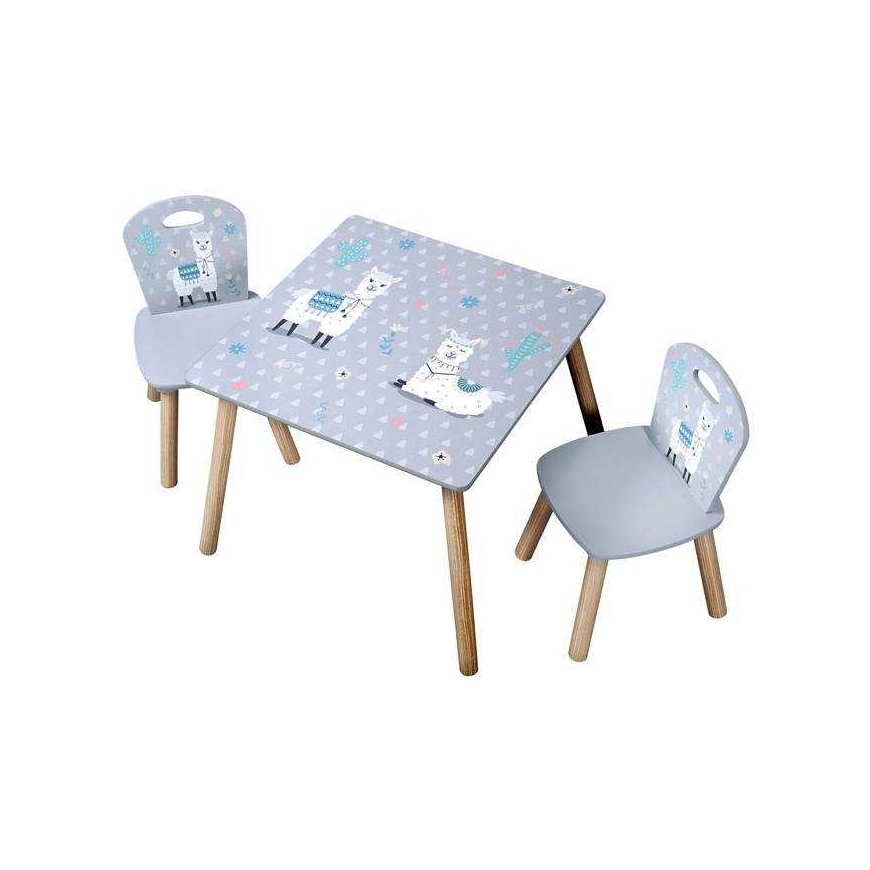 Children's table + 2 chairs, gray with llama patterns, KESPER
