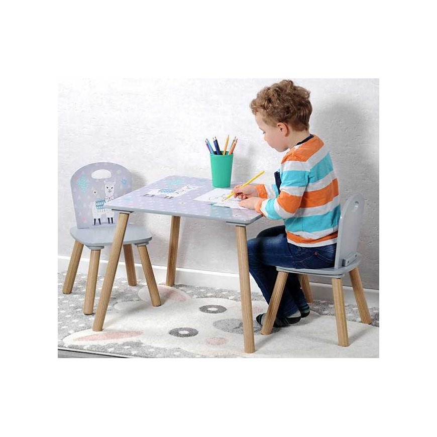 Children's table + 2 chairs, gray with llama patterns, KESPER – 2