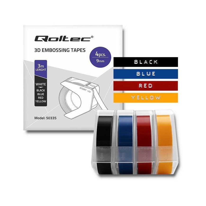 Qoltec Zastaw 4 Taśm 3D do wytłaczarki DYMO Omega | 9mm*3m | 4 colors | self-adhesive