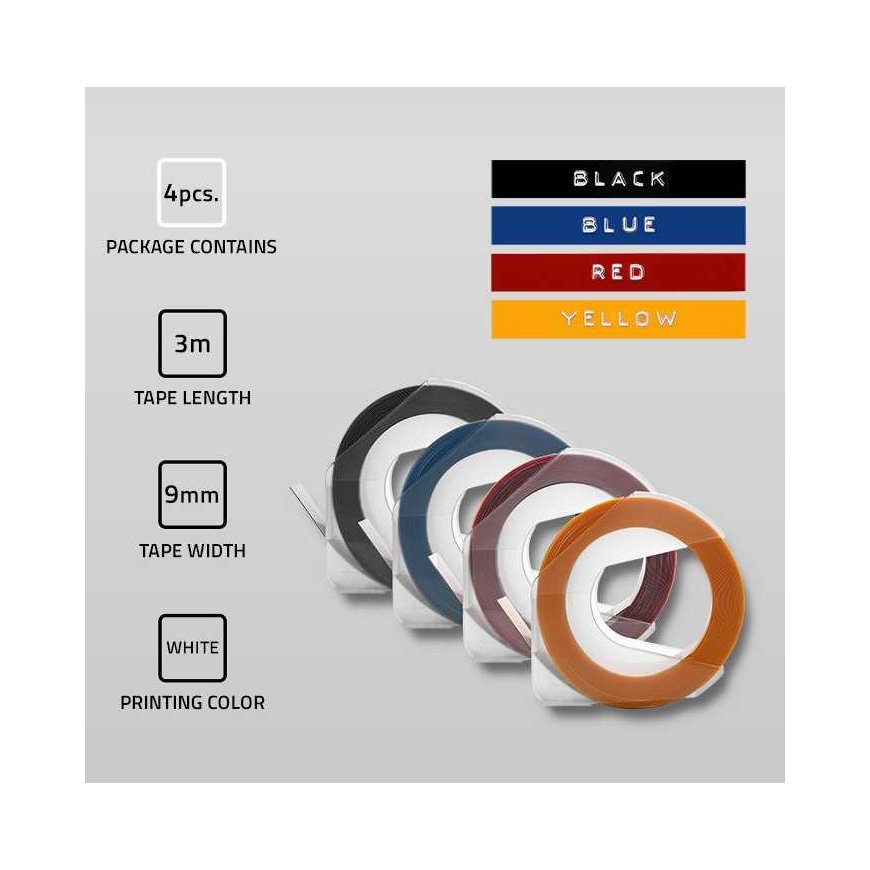 Qoltec Zastaw 4 Taśm 3D do wytłaczarki DYMO Omega | 9mm*3m | 4 kolory | samoprzylepna – 2