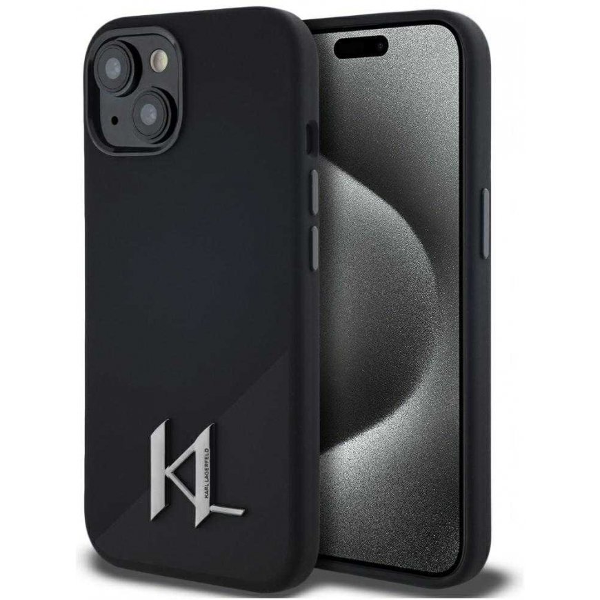 Karl Lagerfeld Silicone Shadow Metal Initial MagSafe Apple iPhone 15 Case Musta