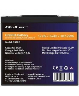 QOLTEC 53702 LiFePO4 lithium iron phosphate battery / 12.8V / 24Ah / 307.2Wh / BMS