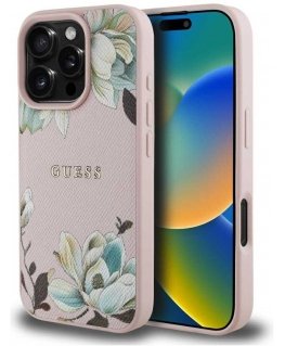 Guess Grained Printed Flower Pattern MagSafe Apple iPhone 16 Pro phone case pink
