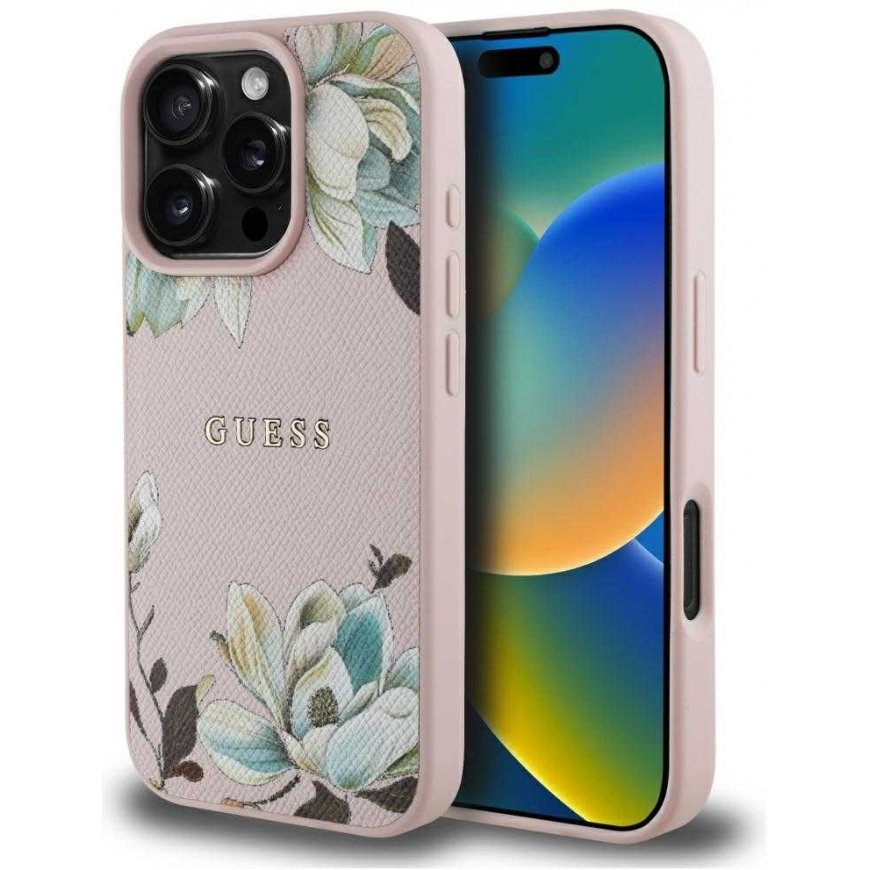 Guess Grained Printed Flower Pattern MagSafe Apple iPhone 16 Pro phone case pink