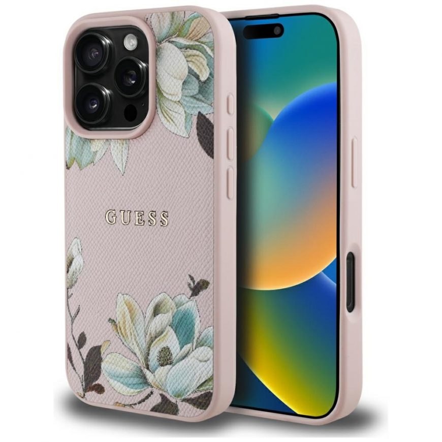 Guess Grained Printed Flower Pattern MagSafe Apple iPhone 16 Pro dėklas telefonui rožinės spalvos – 2