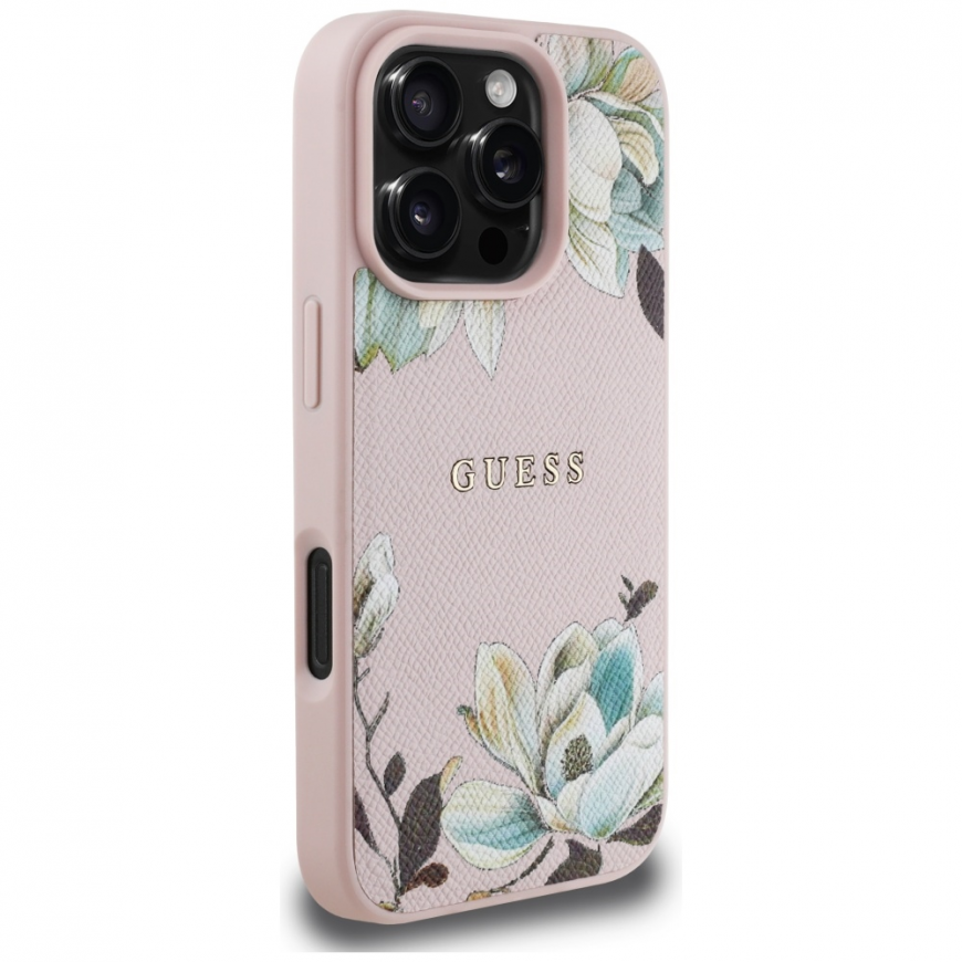 Guess Grained Printed Flower Pattern MagSafe Apple iPhone 16 Pro dėklas telefonui rožinės spalvos – 5