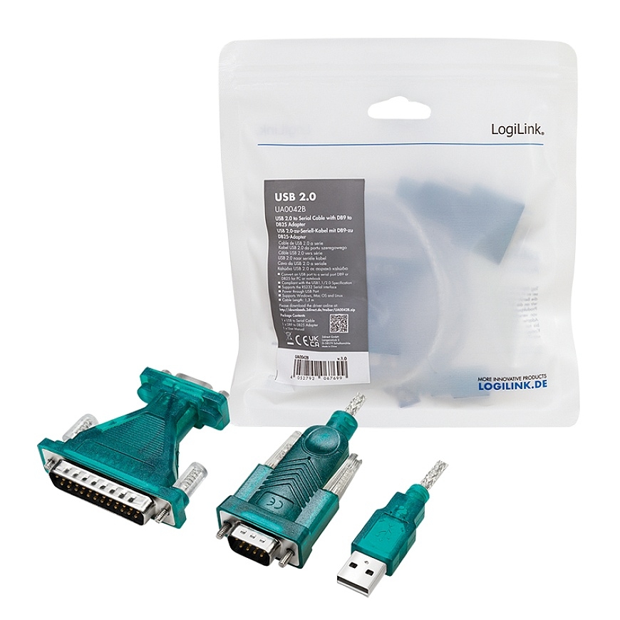 LogiLink USB 2.0 cable, USB-A/M to DB9/M + DB25/M (RS232), Win 11, 1.3 m – 5