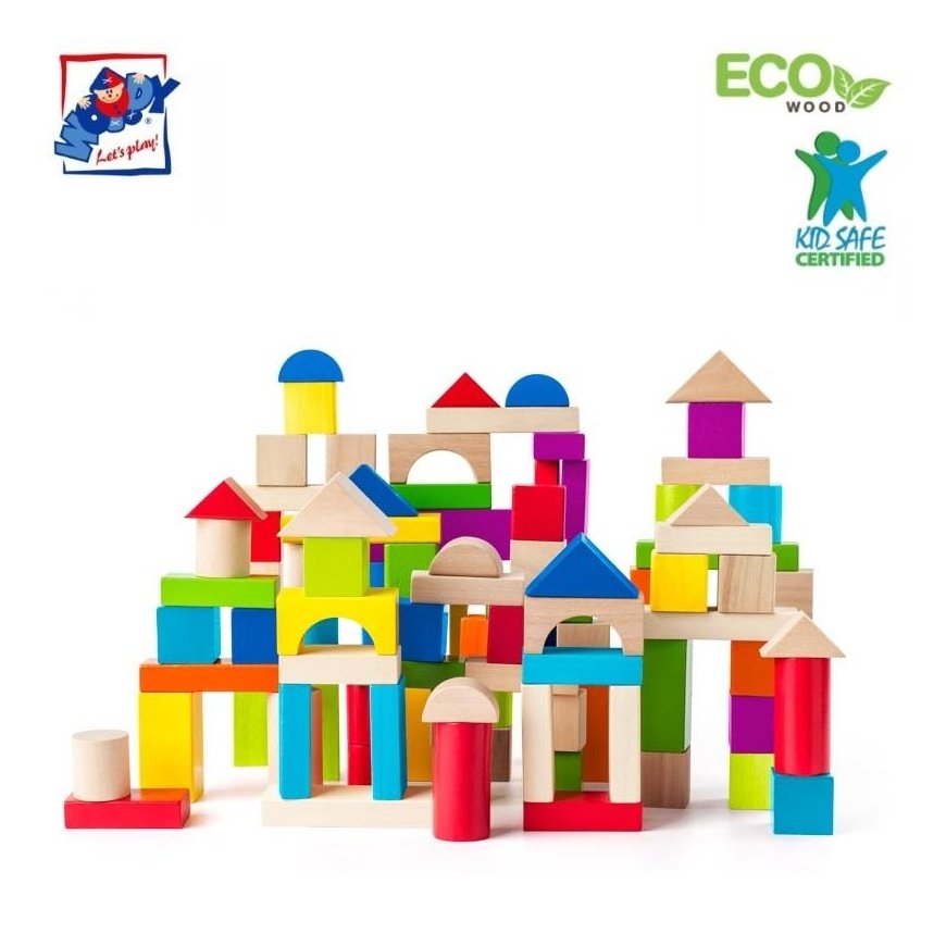 Woodyland Toddler blocks in a bucket with shape sorting lid, 100pcs.