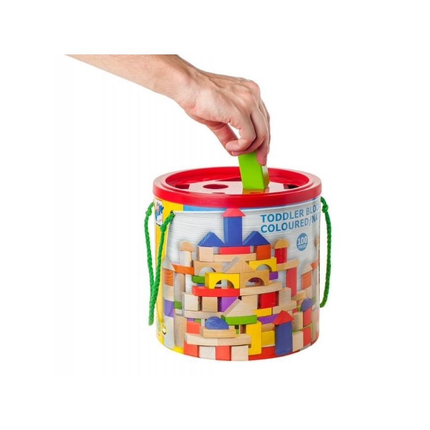 Woodyland Toddler blocks in a bucket with shape sorting lid, 100pcs. – 4