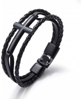 Troli Black leather bracelet with cross Leather VPH1291D