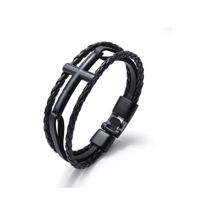 Troli Black leather bracelet with cross Leather VPH1291D