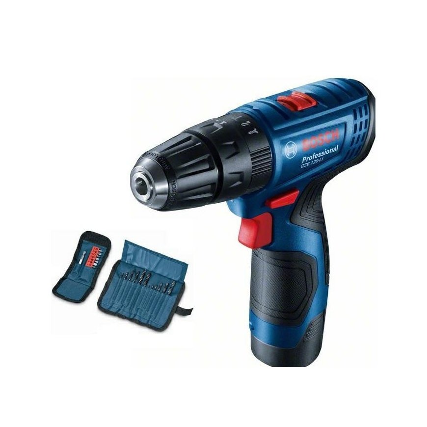BOSCH-iskuporakone GSB 120-LI, 2x2,0Ah, kotelo + 23-osainen sarja 12V 30/14Nm
