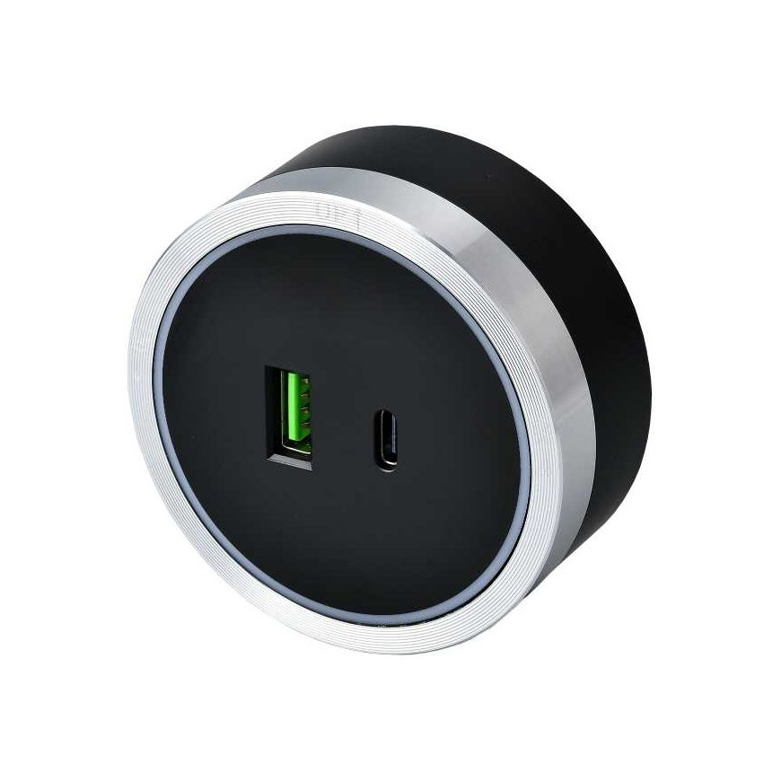 Viking Technology Viking pistorasiamoduuli A60, 1x USB-A, 1x USB-C, PD, hopea-musta