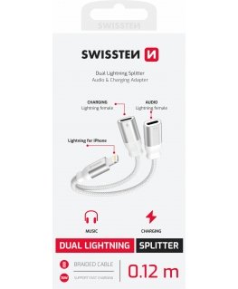 Swissten Textile Lightning Audio Charging Adapter 2x Lightning 0.12m