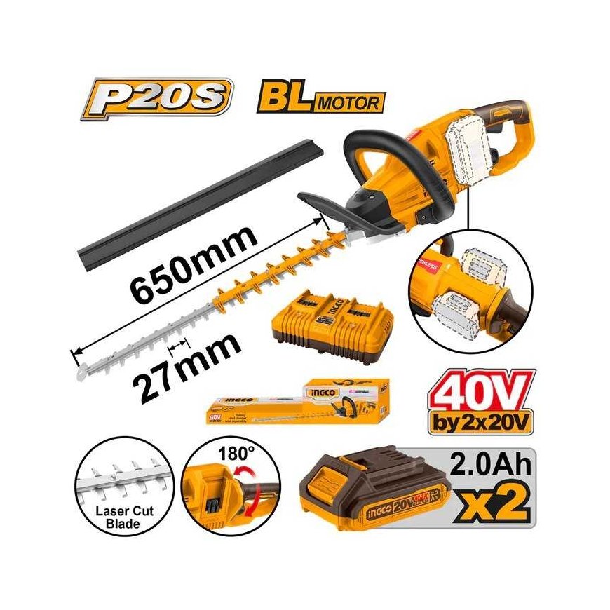 Ingco CHTLI400282 cordless hedge trimmer incl. 2pcs battery and charger – 2