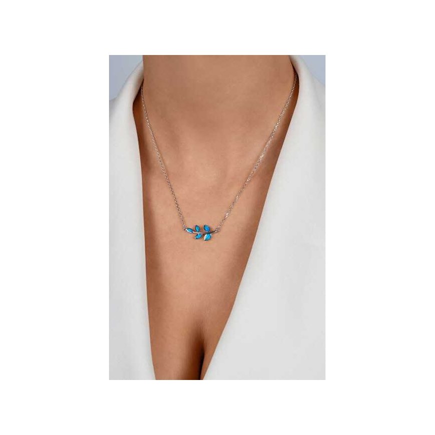 Brilio Silver Decent silver leaf necklace with blue opal NCL165WB – 2