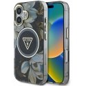Guess Glitter Flowers Triangle Mygtukai MagSafe Apple iPhone 16 dėklas telefonui juodos spalvos