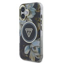 Guess Glitter Flowers Triangle Mygtukai MagSafe Apple iPhone 16 dėklas telefonui juodos spalvos