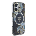 Guess Glitter Flowers Triangle Mygtukai MagSafe Apple iPhone 16 dėklas telefonui juodos spalvos