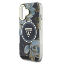 Guess Glitter Flowers Triangle Mygtukai MagSafe Apple iPhone 16 dėklas telefonui juodos spalvos