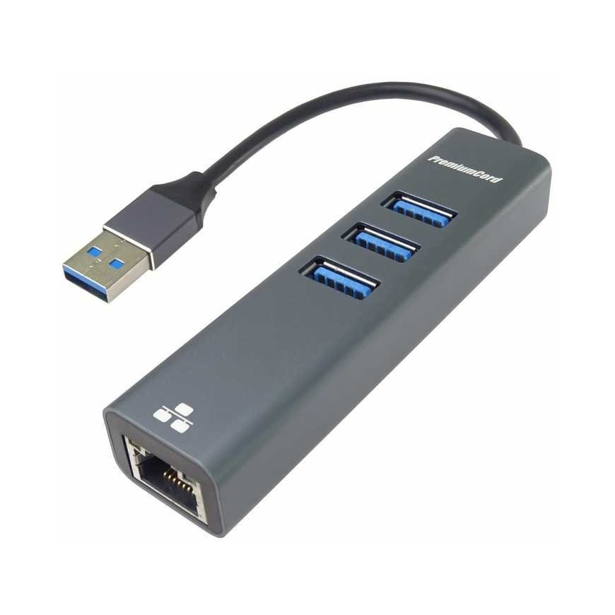 PremiumCord-sovitin USB3.2 - LAN RJ45 ETHERNET 10/100/1000 MBIT + 3x USB3.2-portti – 2
