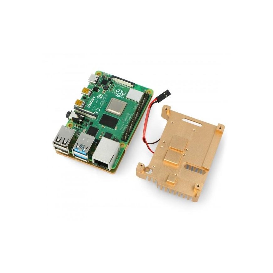 Oem Raspberry Pi 4B aliumininis radiatorius su dviem ventiliatoriais - dėžutė auksinės spalvos – 2