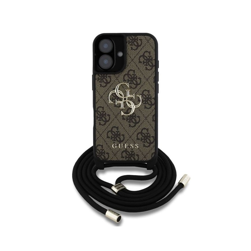 Guess PU 4G Metal Logo Crossbody Strap Case for iPhone 16 Brown
