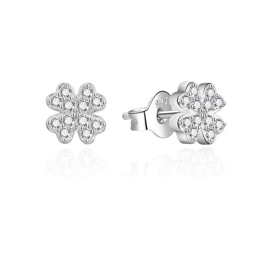 Agate Silver Earrings with Zircons Four-leaf Clover AGT-E098PW