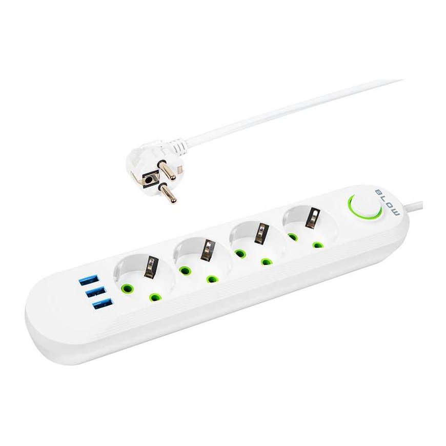 Blow PS-430 4-socket 3xUSB network extension cable 3m white 2x1mm