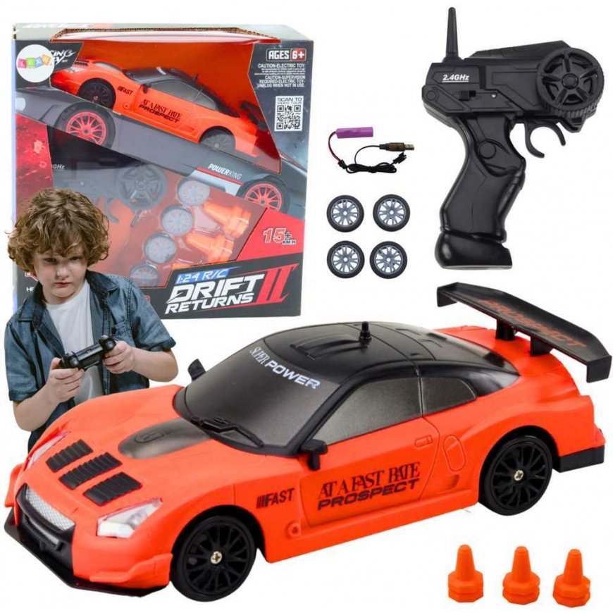 Lean Toys -kaukosäädin R/C-urheiluauto 1:24 oranssit vaihdettavat pyörät
