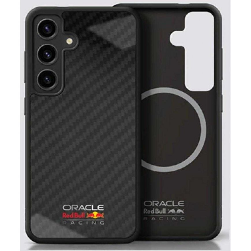 Red Bull Raudona Bull Raudona Bull Real Carbon Fiber Shiny Logo MagSafe Samsung Galaxy S25 dėklas telefonui juodos spalvos