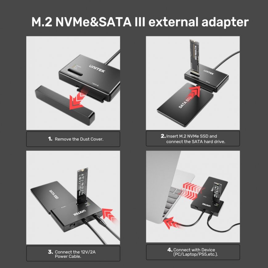 UNITEK S1232A01-EU saugojimo diskų korpusas SSD korpusas Juoda M.2/2.5"/3.5" – 4