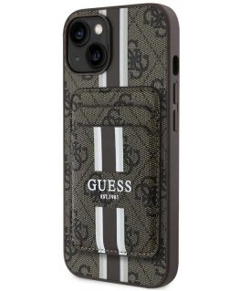 Guess 4G Stripes su krepšeliu Magsafe Apple iPhone 15 dėklas telefonui rudos spalvos